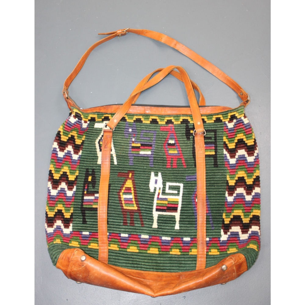 Vintage Handmade Woven Tote Bag Leather Trim Boho Guatemala Alpaca Wool Travel - Picture 4 of 14